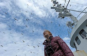 One of our guests looking up at the Gannets on Stac Lee