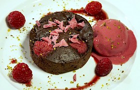 Chef Caroline, chocolate brownie and raspberry sorbet. Photo Nigel Spencer